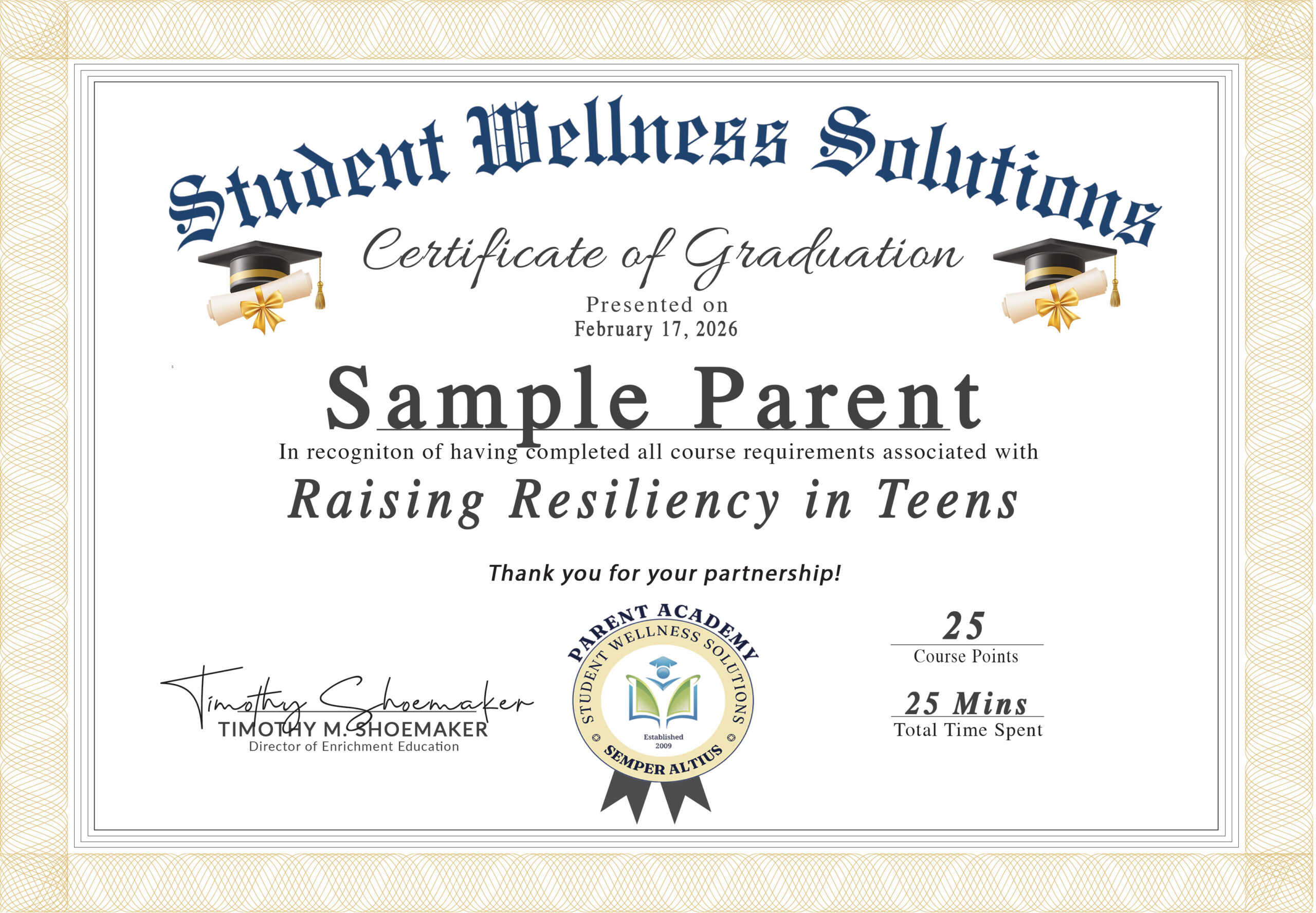 Sample Parent Certificate Raising Resiliency