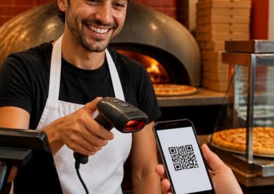 A pizza shop worker scans a certificate QR code on a student's phone