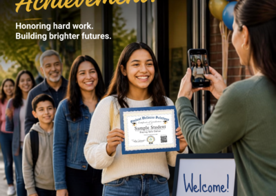 A smiling student holds her certificate while a family member takes her photo